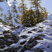 larches standing on path to opabin lake